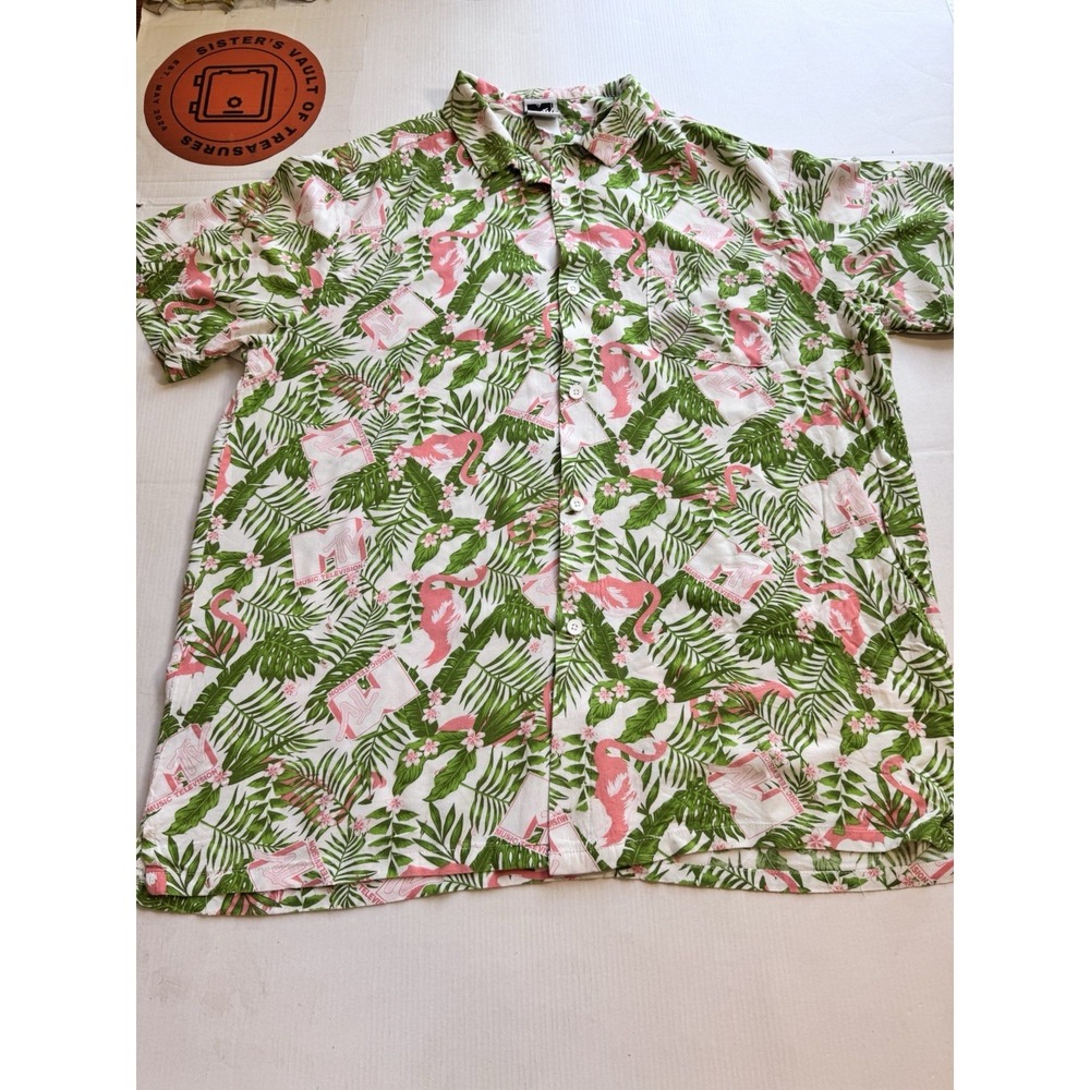 MTV Mens Large Hawaiian Shirt Rayon Flamingo Palm leaves Short sleeve button